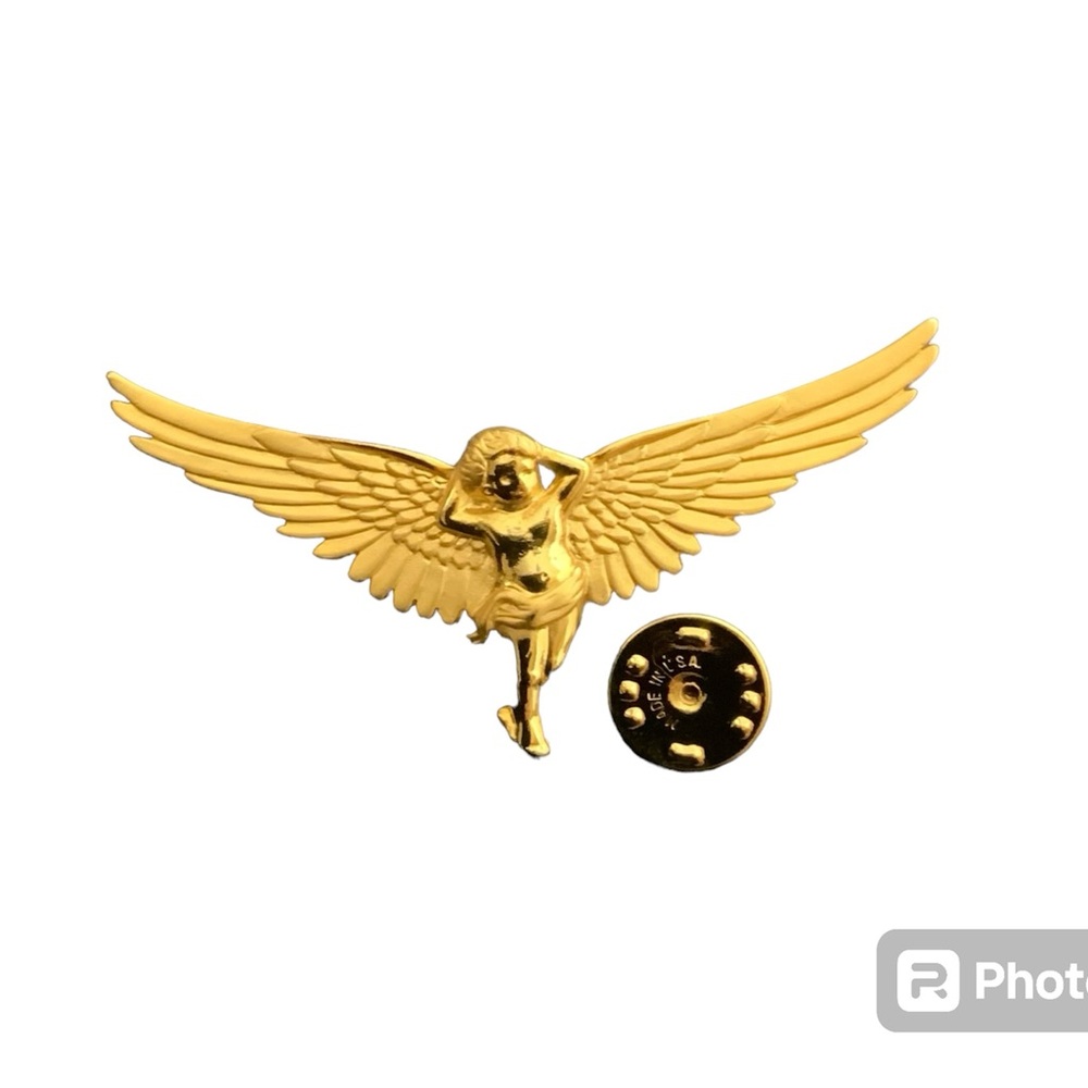 Guardian Angel Lapel Tac Pin Gold Tone Wide Wingspan Signed Jonette Jewelry 80s